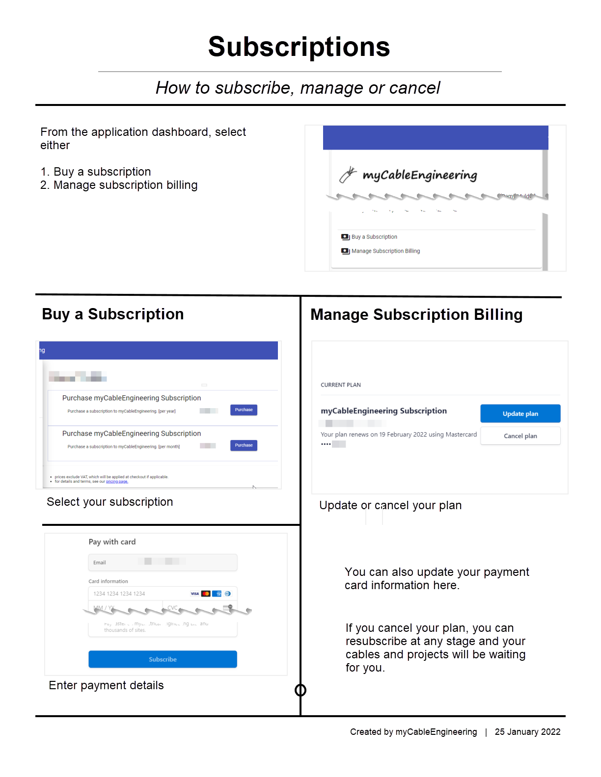 myCableEngineering subscription purchase and management flow