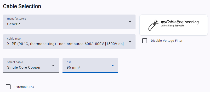 myCableEngineering cable selection settings