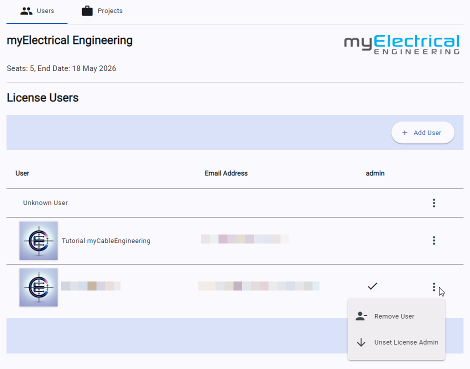 myCableEngineering enterprise licence users screen
