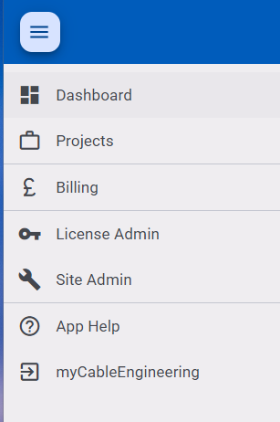 myCableEngineering dashboard navigation menu