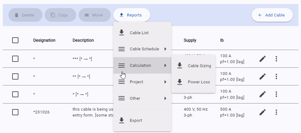 myCableEngineering dashboard recent projects and reference data