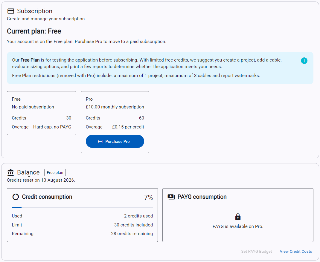 Free plan Account page showing subscription options, 30 included credits and credit usage