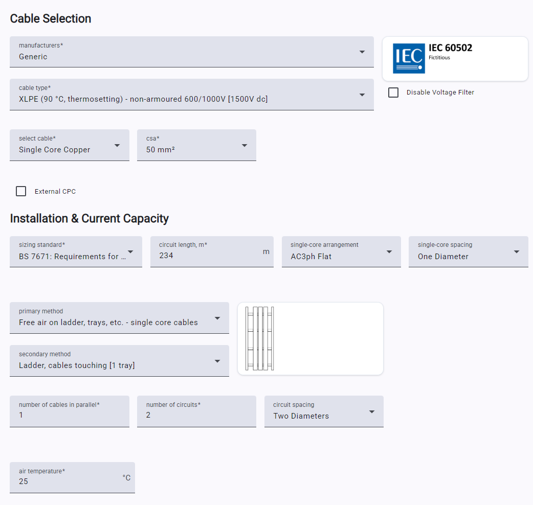 Cable sizing software interface showing cable selection and installation current capacity inputs