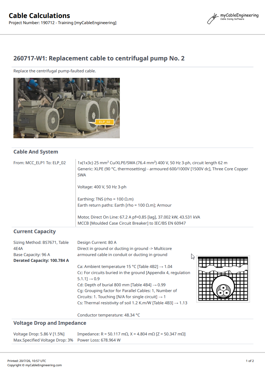 Example cable sizing report