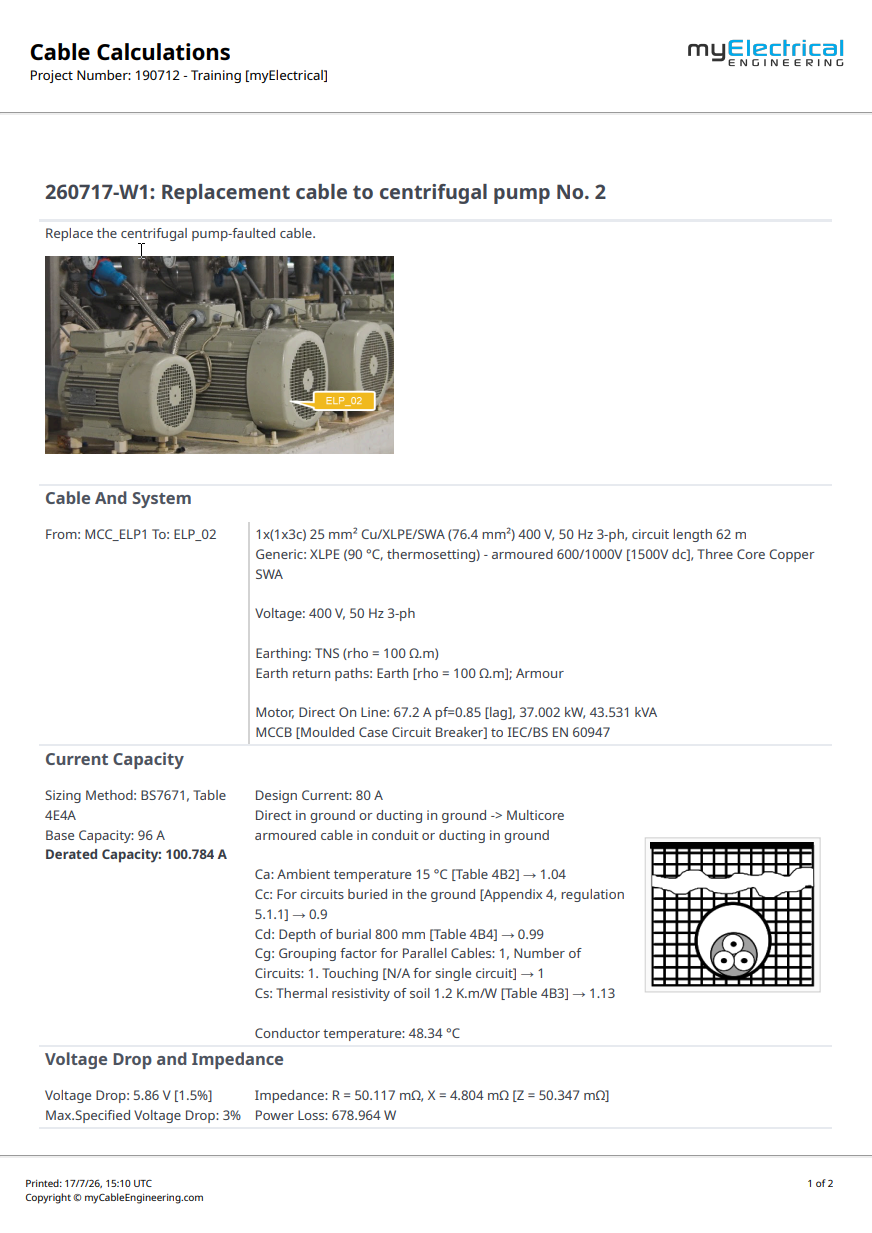 Example cable sizing report