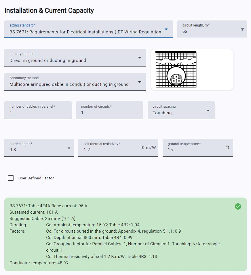myCableEngineering cable sizing calculation interface
